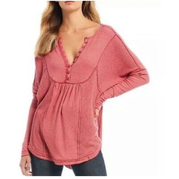 Free People Womens Leo Oversized Henley Top Waffle Knit Thermal Rose - Picture 8 of 8